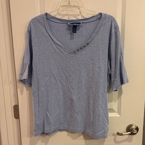 Karen Scott Light Blue V-Neck Tee with Button Detail